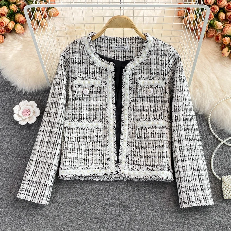 

2021 Autumn Winter New Celebrities Loose Coat Women Tweed Round Neck Short Long Sleeve Jacket Top