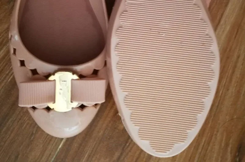 Women Dress Shoes Peach Peacock Flats Metal Drop Shipping Hollow Out Slip On Jelly Round Toe Bow Breathable Cute Patent Leather