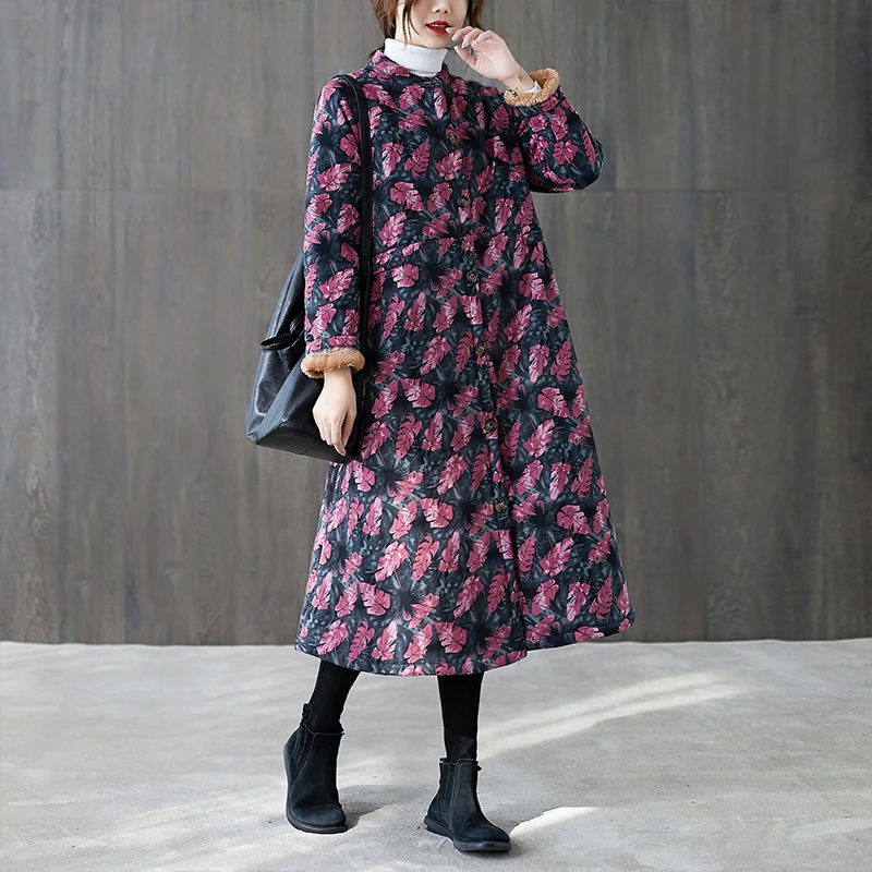 

DIMANAF Plus Size Women Coats Winter New Thickening Jacket Coats Leaves Pattern Print Parka Design Warm Flocking 2020 Cardigan