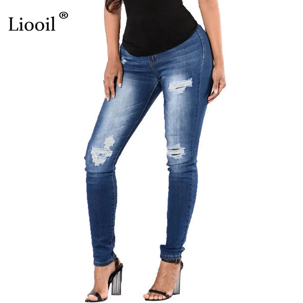 

Liooil Sexy High Waist Ripped Jeans For Women Streetwear Skinny Trousers With Holes Pockets Wash Distressed Bleached Denim Pants