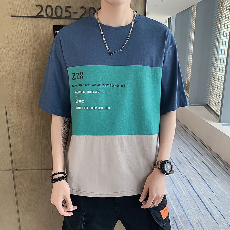 

Men Summer T-Shirt Brand Cotton Loose Tee Patchwork Letter Printing Short Sleeve Men Clothing Tee Shirt