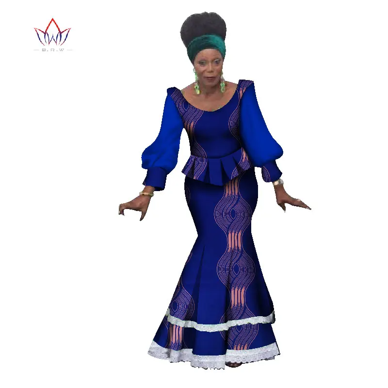 2020 Summer African Dashiki For Woman Top And Skirt Set O-neck Bazin Riche Full Sleeve Plus Size Evening Dress Naturl WY1153