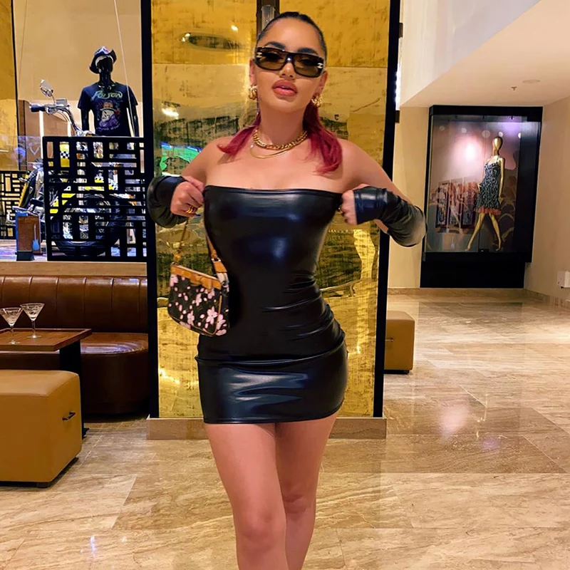 

Faux PU Leather With Gloves Party Dress Women Backless Sexy Hot Clubwear Skinny Slim Solid Fashion Bodycon Mini Dresses