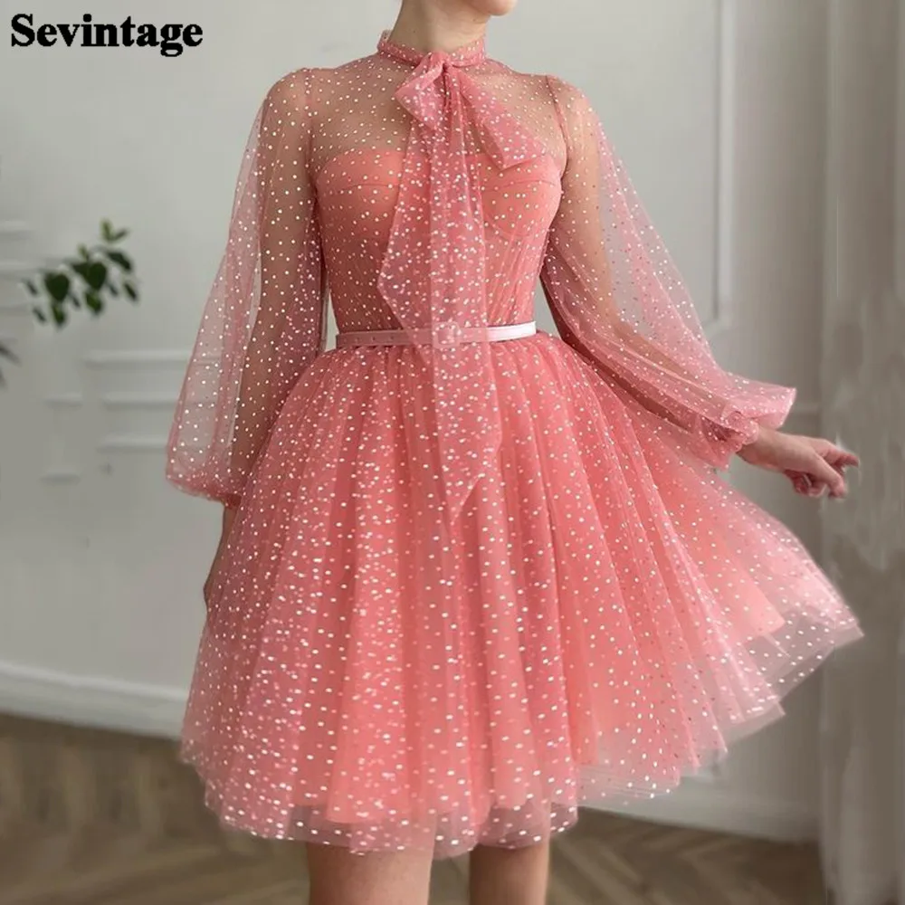 

Женское платье с длинным рукавом Sevintage, короткое вечернее платье-трапеция длиной выше колен, с высоким воротом, для выпускного вечера, 2021