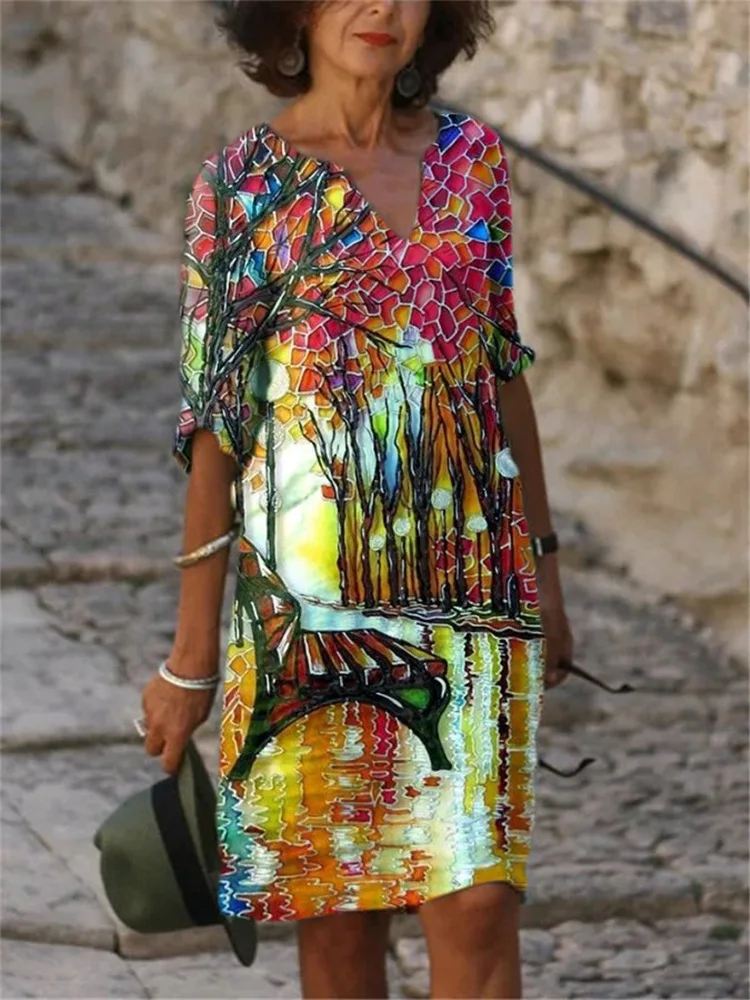 

Lugentolo Plus Size Dress Women Summer Fashion Printed Half Sleeve Vneck A-Line Loose Casual Midi Dress