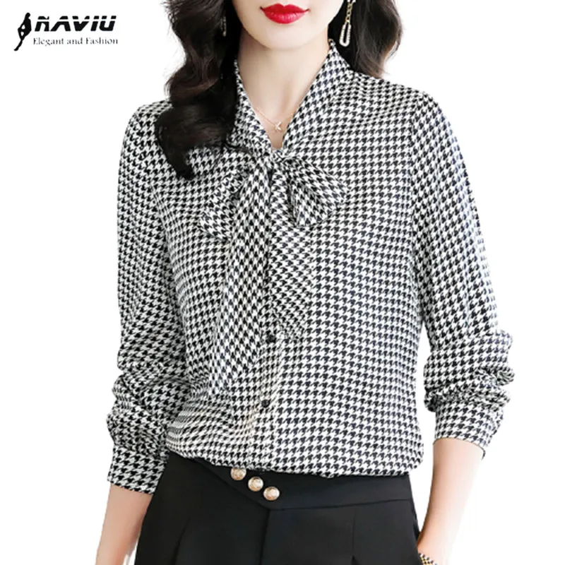 

Bow Tie Women Long Sleeve Houndstooth Plaid Chiffon Shirt 2021 New Spring Bottoming Blouses Office Ladies Work Tops