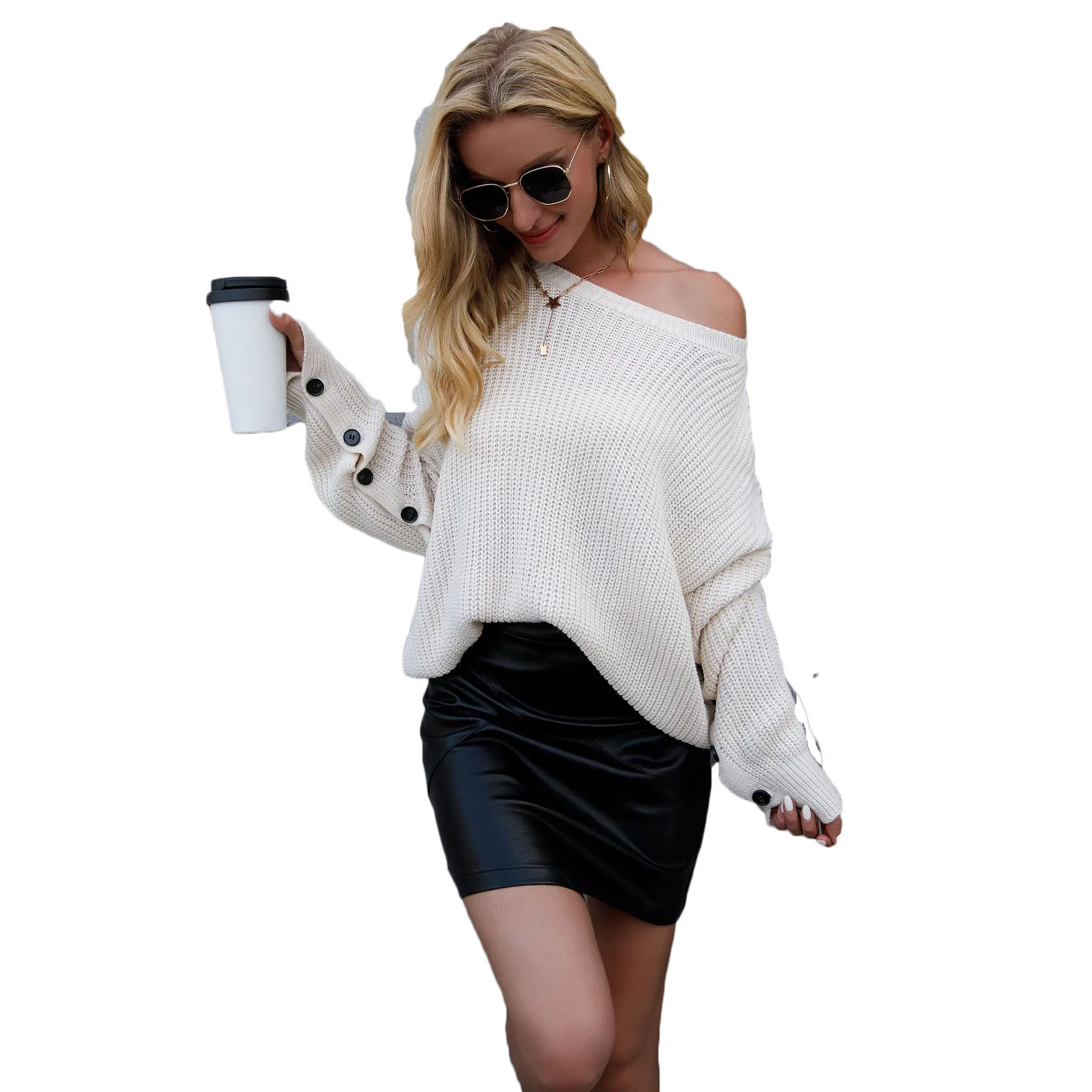 

Sweater Women 2021New Style Early Autumn Oblique Shoulder Collar Sexy Fashion Plain Color Buttoned-Sleeve Jacket M99