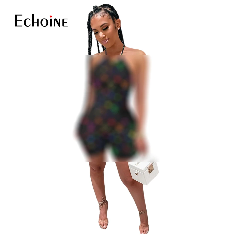 

Echoine 2021 Women Sexy Halter Highelastic Print Bodycon fashion Summer Beach Party Playsuits Short Pants Rompers