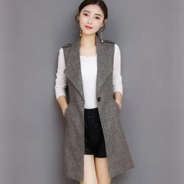 Spring Long Blazer Vest Women Office Slim Single Button Plaid Suit Harajuku Vintage Waistcoat Sleeveless Jacket DV514 | Женская одежда