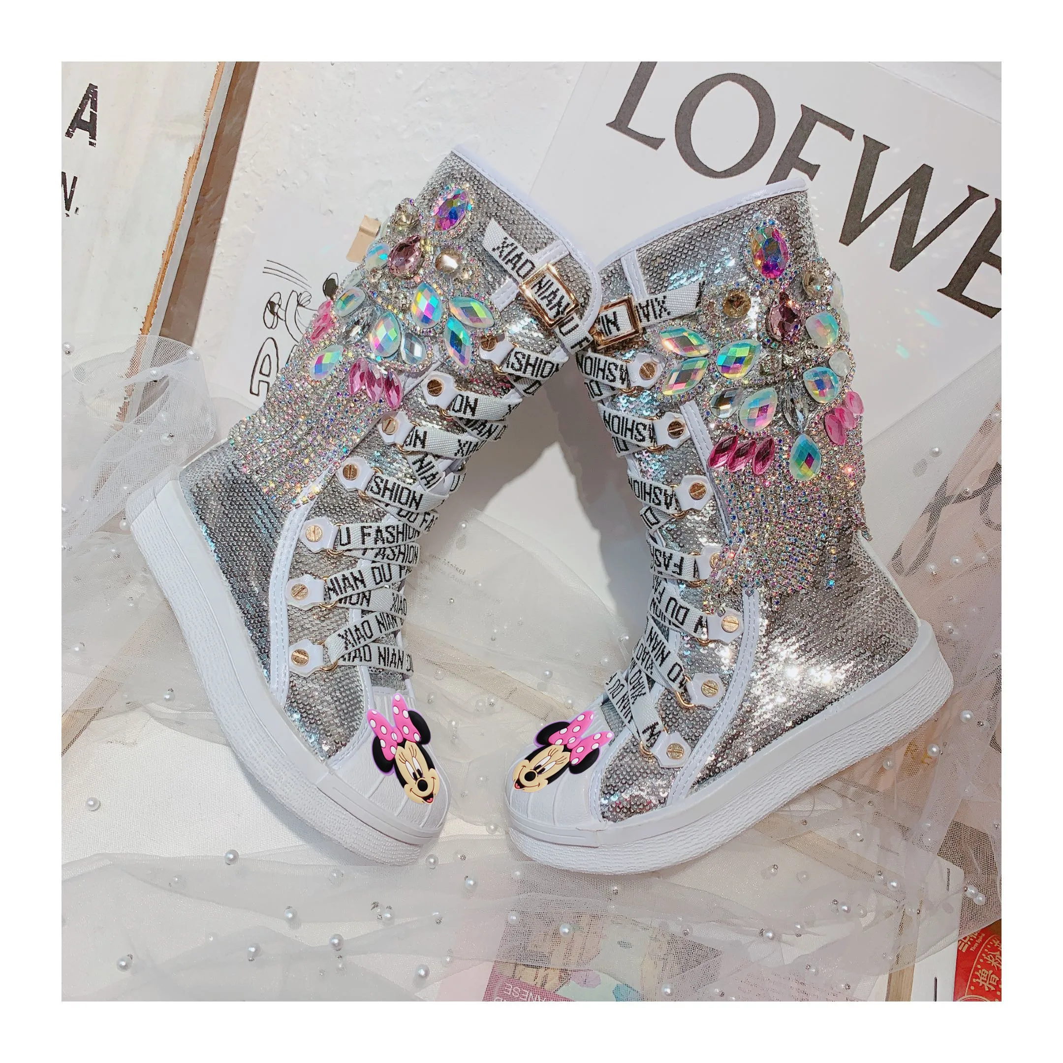 Детские длинные Сапоги Disney с изображением принцессы Минни стразы для танцев и