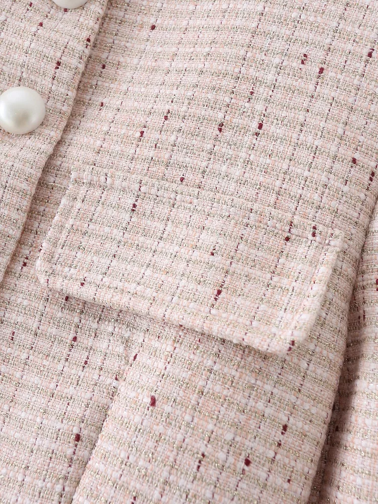 KEYANKETIAN 2021 spring and autumn new women's long-sleeved round neck pocket with pearl buckle woolen woven short suit jacket