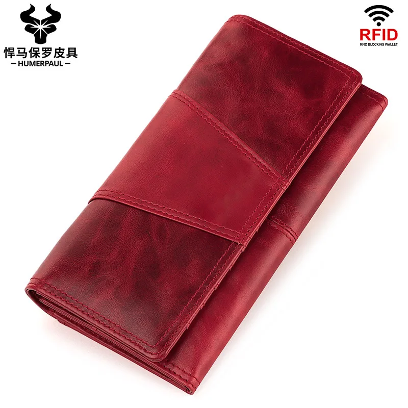 New Style Leather Ladies Wallet Retro Mobile Phone Change Clutch RFID Anti-theft Brush Ladies Long Wallet