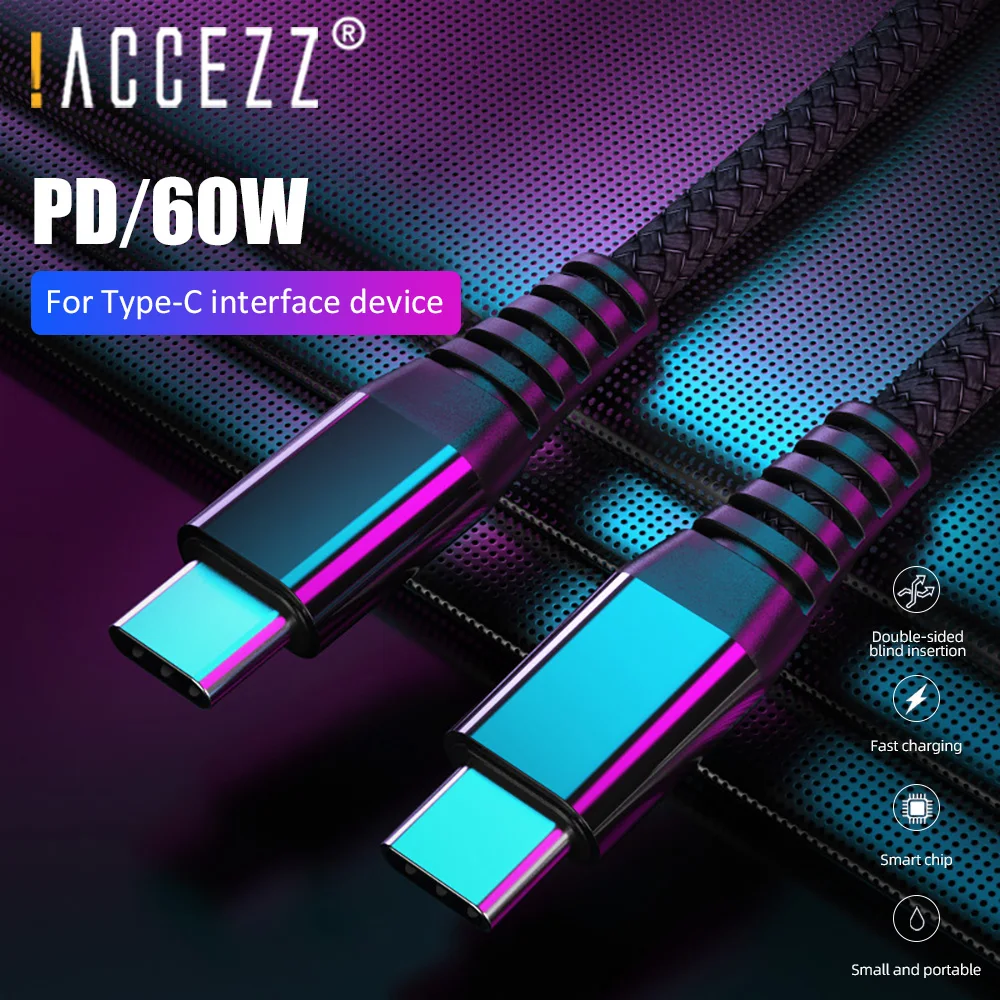 

!ACCEZZ Dual USB C PD 60W 3A Fast Charging Cable For Samsung S10 MacBook USB C For Huawei P40 P30 Xiaomi Mi 9 8 Mix3 Charge Cord