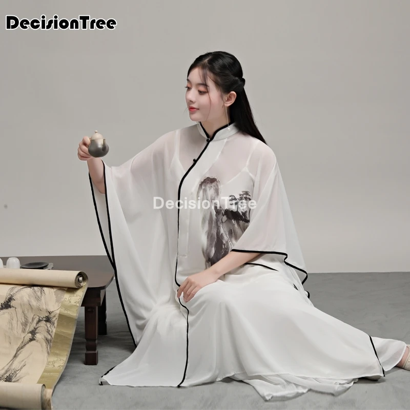 

2021 chinese dress loose traditional chan dress cheongsam sets women qipao robe vintage floral print chiffon long dress