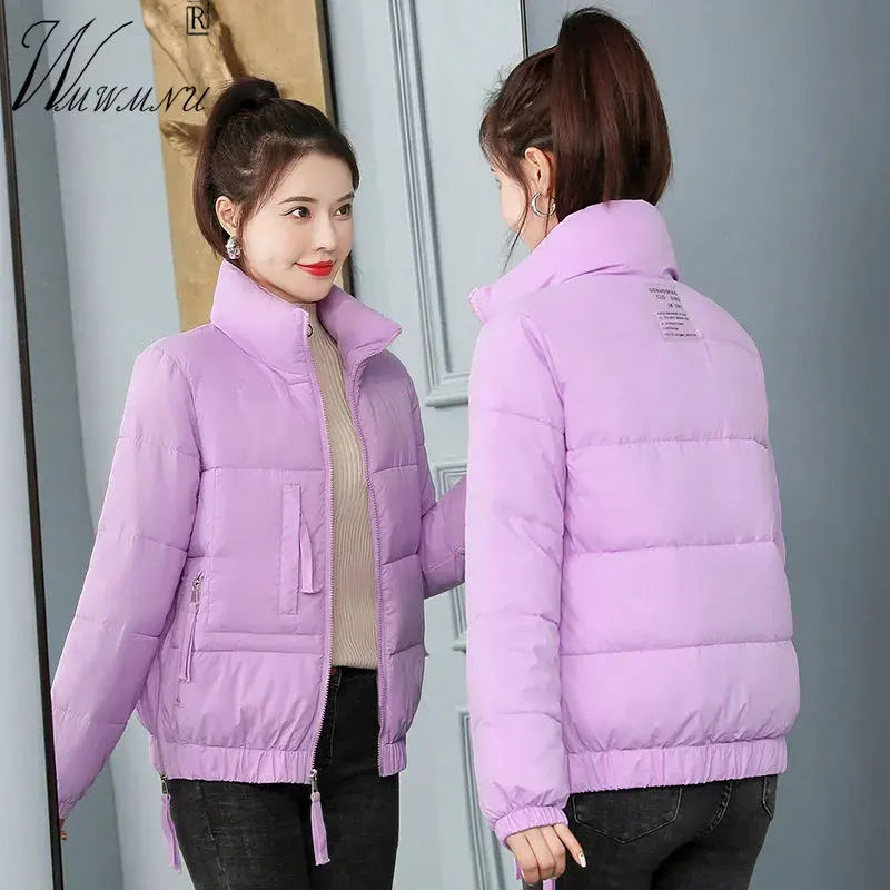 

Милая фиолетовая короткая женская парка, новинка 2021, зимние куртки с подкладкой и воротником-стойкой, Корейская одежда, однотонная зимняя о...