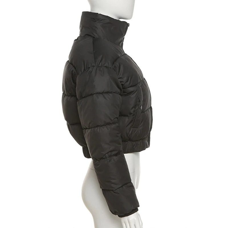 U2JF Women Winter Short Puffer Jacket Long Sleeve Stand Collar Zip Up Cropped Bubble Coat Solid Color Quilted Pockets Parkas