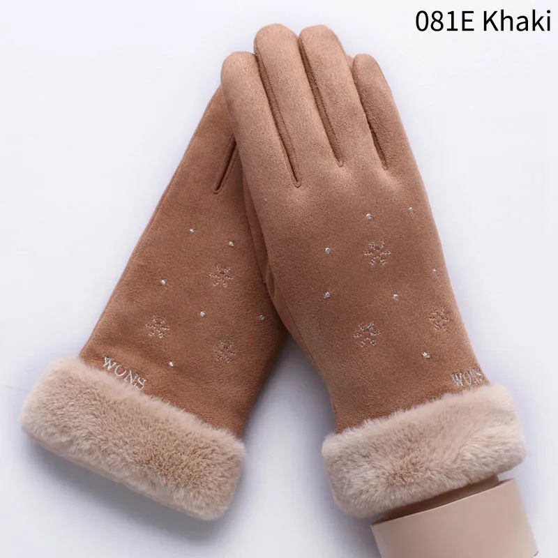 Модные зимние женские перчатки с милым котиком и снежинками, двухслойные кашемировые теплые спортивные женские перчатки для занятий спортом на открытом воздухе - Цвет: 081E Khaki