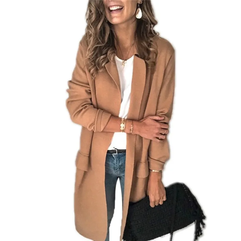 

Autumn Women Pure Color Coat Long Sleeve Fashion Office Lady Elegant Wear Lapel Fake Pocket Suit Jacket Open Front Blazer