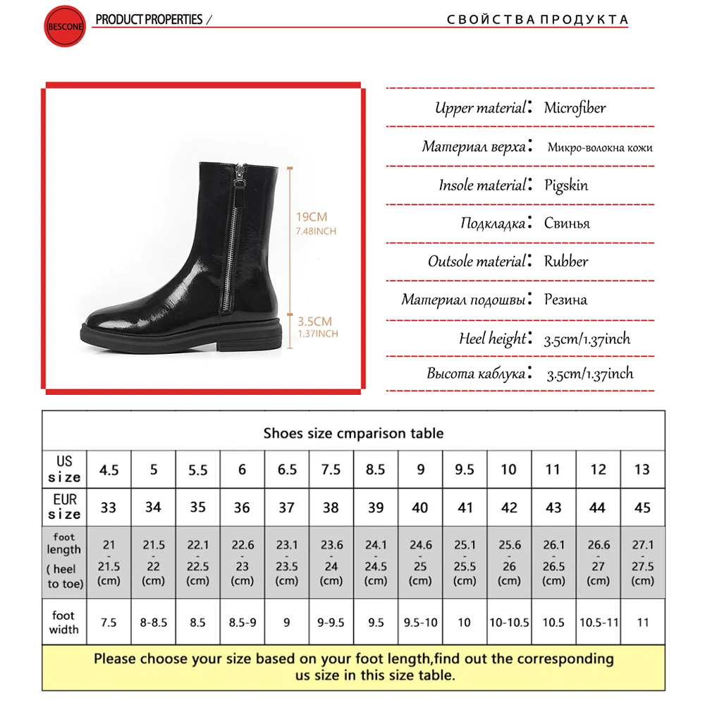 

Bescone Concise Women's Shoes Style Mid-calf Zipper Round Toe High Quality Flat Boots Ladies Zipper Design Non-slip Boots BO717