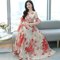 women long floral chiffon jacquard dress summer 2022 boho retro elegant casual party night fairy vacation runway vestidos korean
