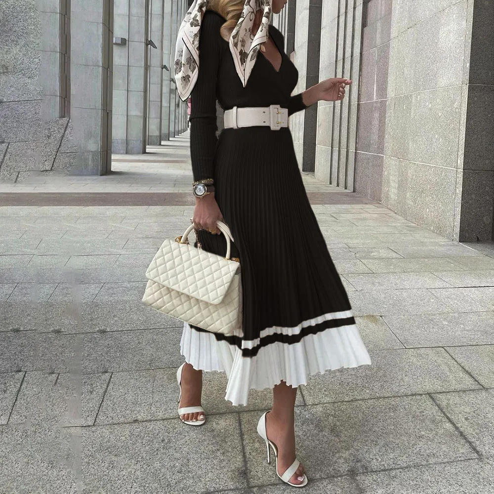 

Black Vintage Knitted Dresses Women 2021 Autumn Winter Long Sleeves V-Neck Female Fashion Color Block A-Line Midi Dress Knitting