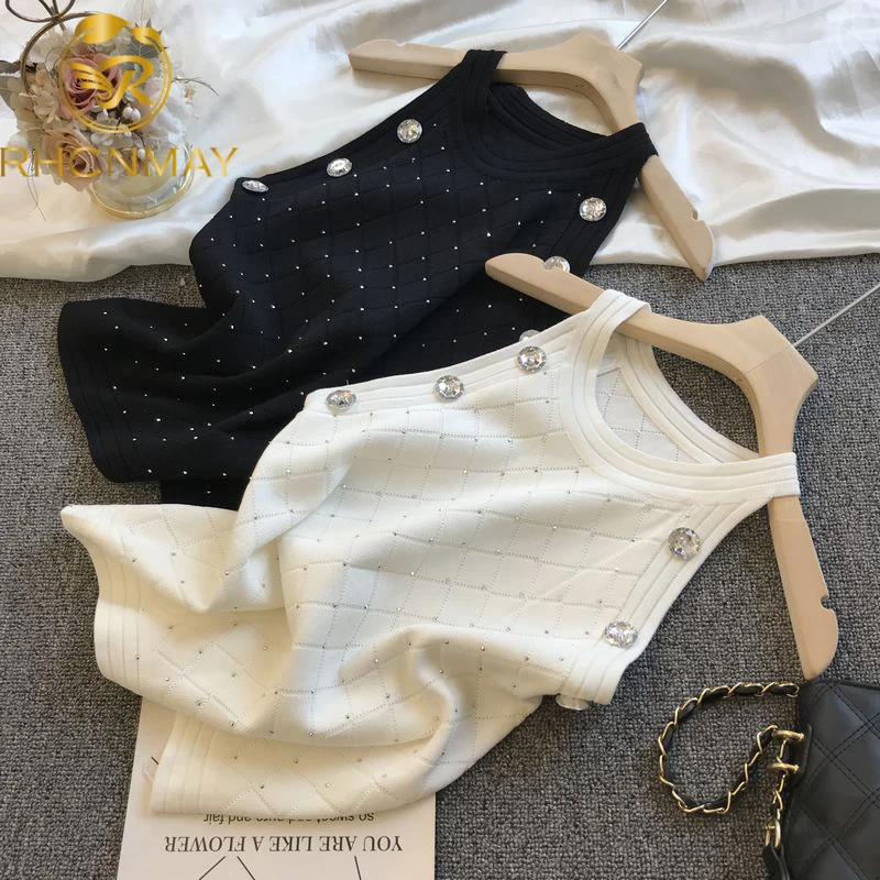 

2021 Summer Women New Arrival Fashion Round Neck Sleeveless Beading Decoration Argyle Pattern Pullover Sweater Vest