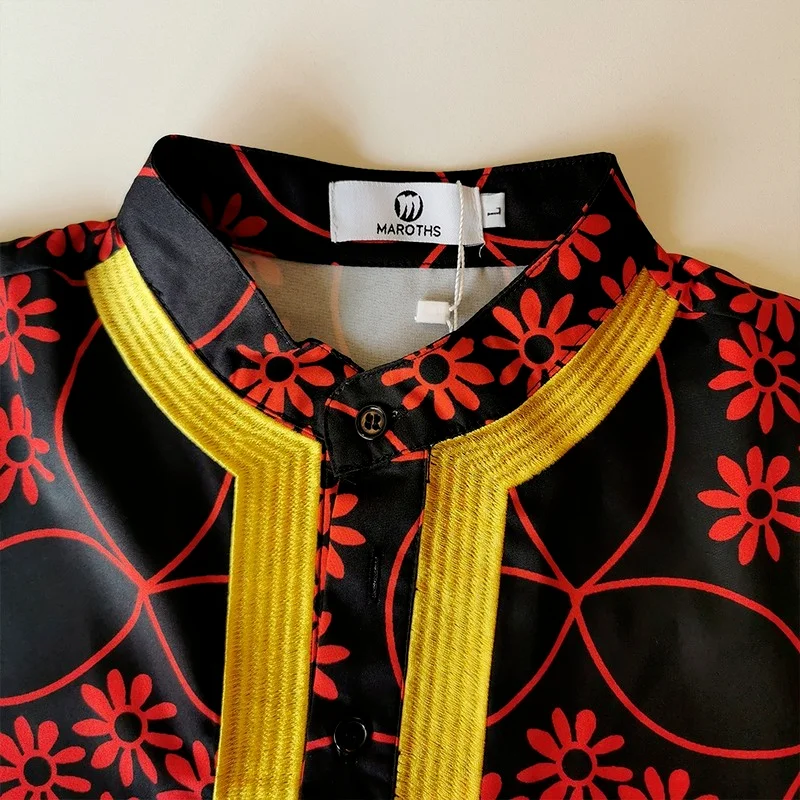 African Men's Dashiki Long Sleeve Plus Size Shirt Rich Floral Print Moslem Mens Slim Top Casual T-shirt Tradition Chilaba Man