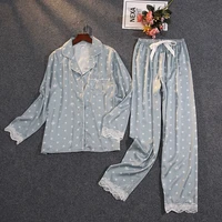 womens autumn two piece suit pajamas ice silk satin thin outwear print lace pyjamas