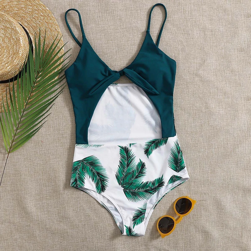 Сексуальный цельный купальник Женский трикини с принтом листьев купальный