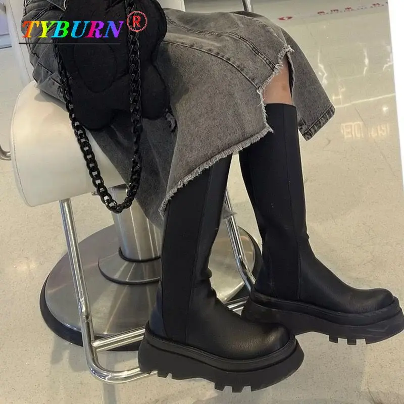 

2021 Platform Knee High Boots Slip-on Block Heel Footwear Women Thick High Heels PU Leather Shoes Fashion AutumnFemale Boots