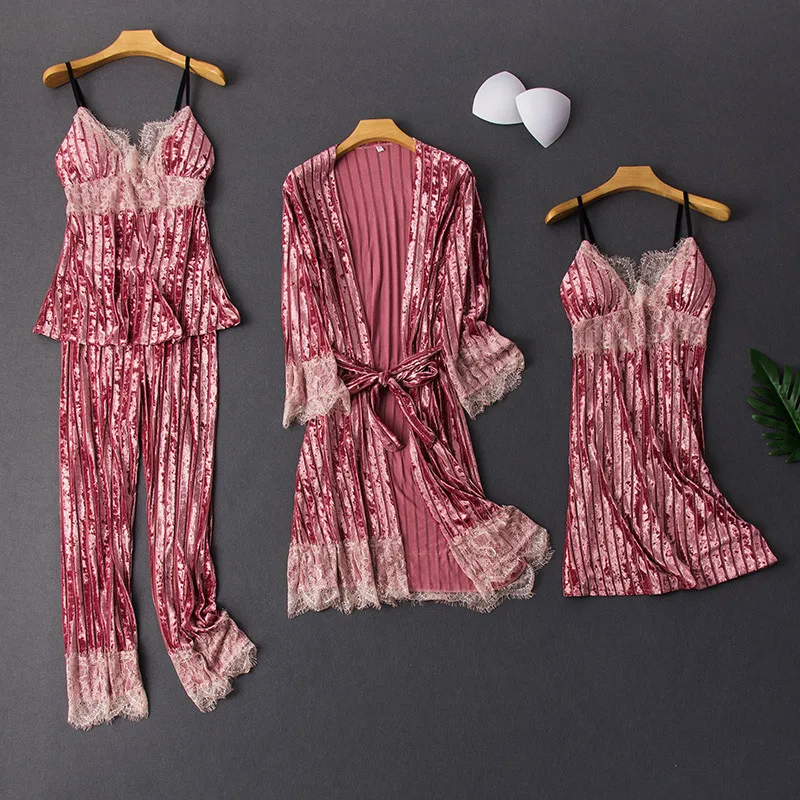 

Women Sleepwear 4PCS Pajamas Suit 2021 Autumn New Bathrobe Velvet Kimono Gown Nightwear Soft Nightgown Intimate Lingerie