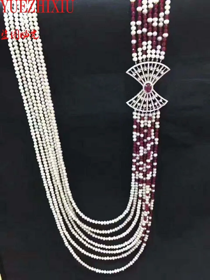 

natural 7rows white freshwater pearl red Garnet micro inlay zircon accessories necklace fine jewelry 20inch