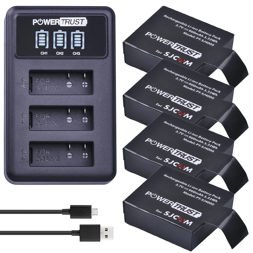 PowerTrust 4x SJ4000 Battery PG1050+LED 3Slots USB Charger For SJCAM SJ4000 SJ5000 SJ6000 SJ7000 SJ8000 SJ9000 M10 Action Camera