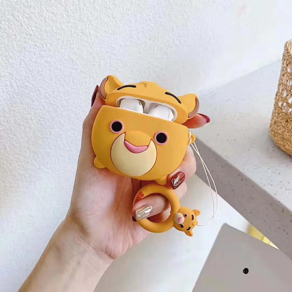 Lion For AirPods Case Cute Cartoon Rabbit Pig Dog Earphone Cover For Airpods 2/i10/i11 Christmas Soft Protect Coque with Keychian - Цвет: Lion