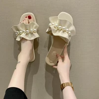summer slippers women shoes fashion shoes 2021 new design ruffled pearl decoration open toe flip flops flat shoes party dress