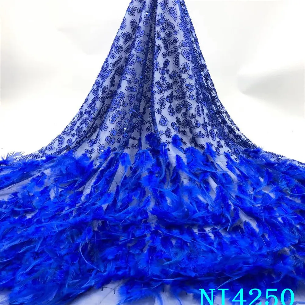 

NI.AI перо африканская кружевная ткань высокого качества французская чистая вышивка синяя Тюлевая кружевная ткань с блестками для нигерийск...