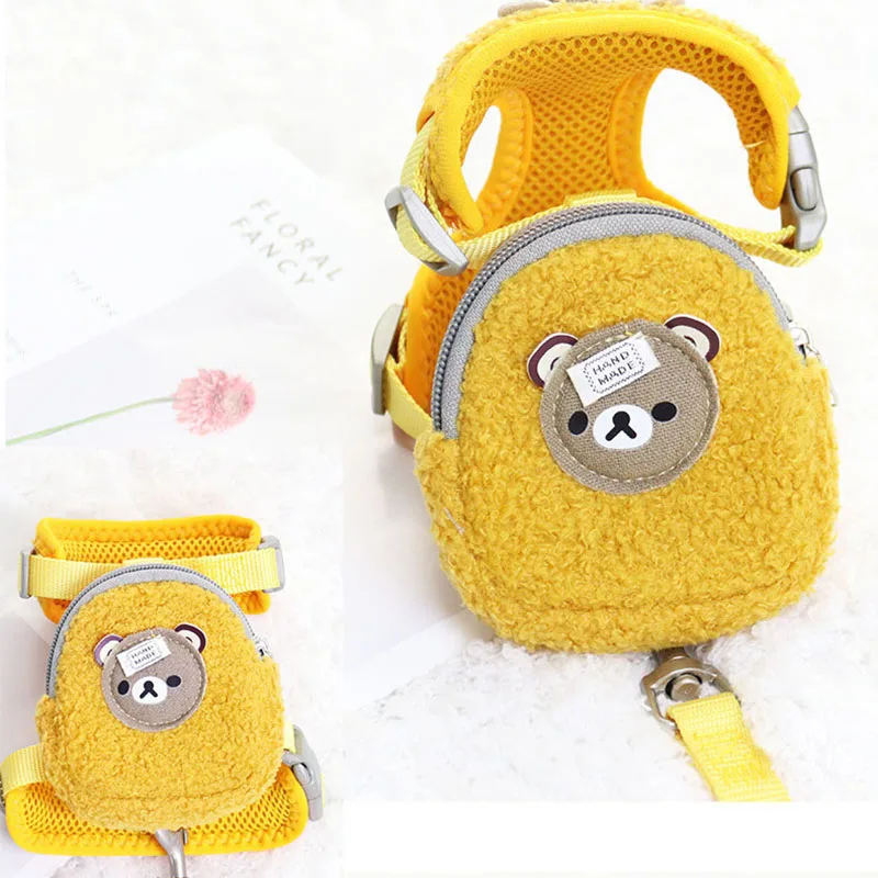 

New Warm Lamb Wool Cartoon Bear Dog Backpack Harness With Leash Set Pet Cat Small Animal Carrier Lead Products Poop Bag Collar