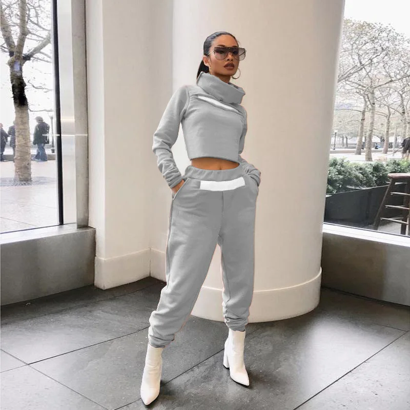

Solid Color Turtleneck Patchwork Long Sleeves Hoodie & Trousers New Arrival Fall Women Suit Streetwear 2 Pieces Set