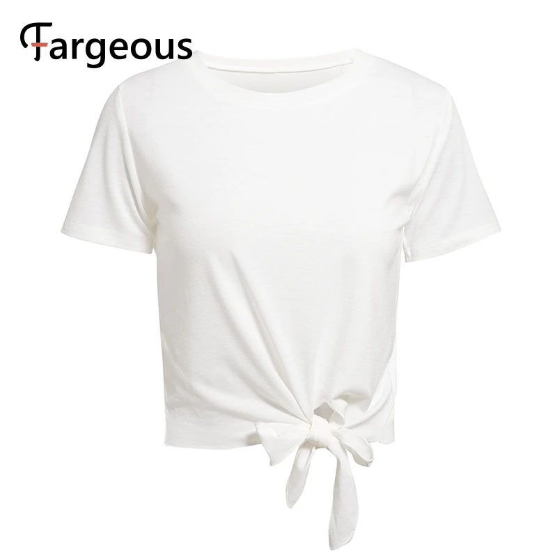 Женская футболка с круглым вырезом однотонная белая Повседневная бантом лето 2019