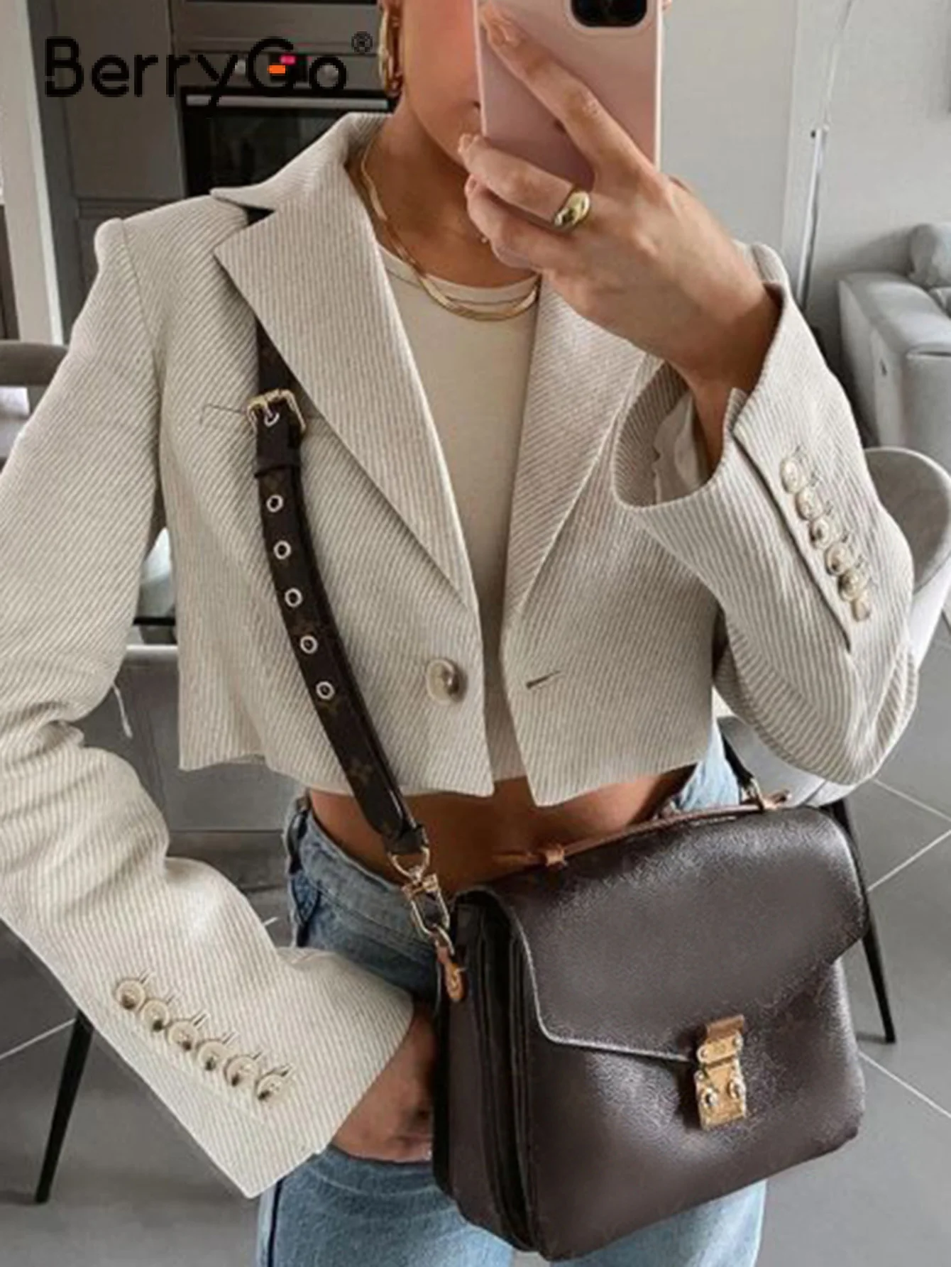 

BerryGo Autumn winter fashion short blazer women Long sleeve lapel cropped jacket coat Solid slim short jacket 2021 new