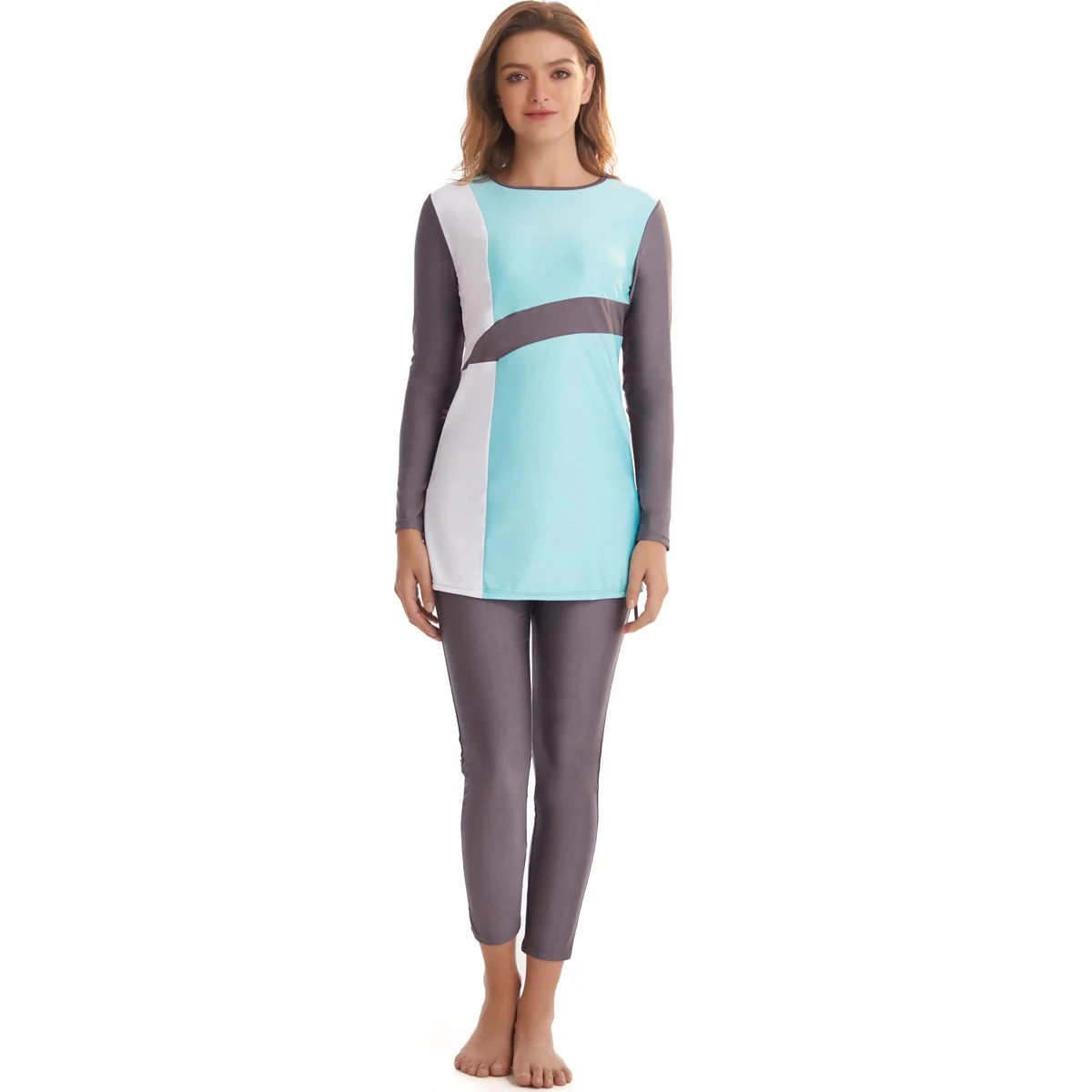 WEPBEL Clothing Set Women Swimsuits Patchwork Muslim Swimsuit Swimming Long-Sleeved Color Matching Swim Clothes Set 2pcs
