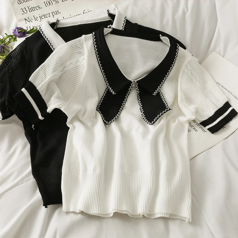 

2021 summer hollow stitched bubble sleeve knitted T-shirt for women