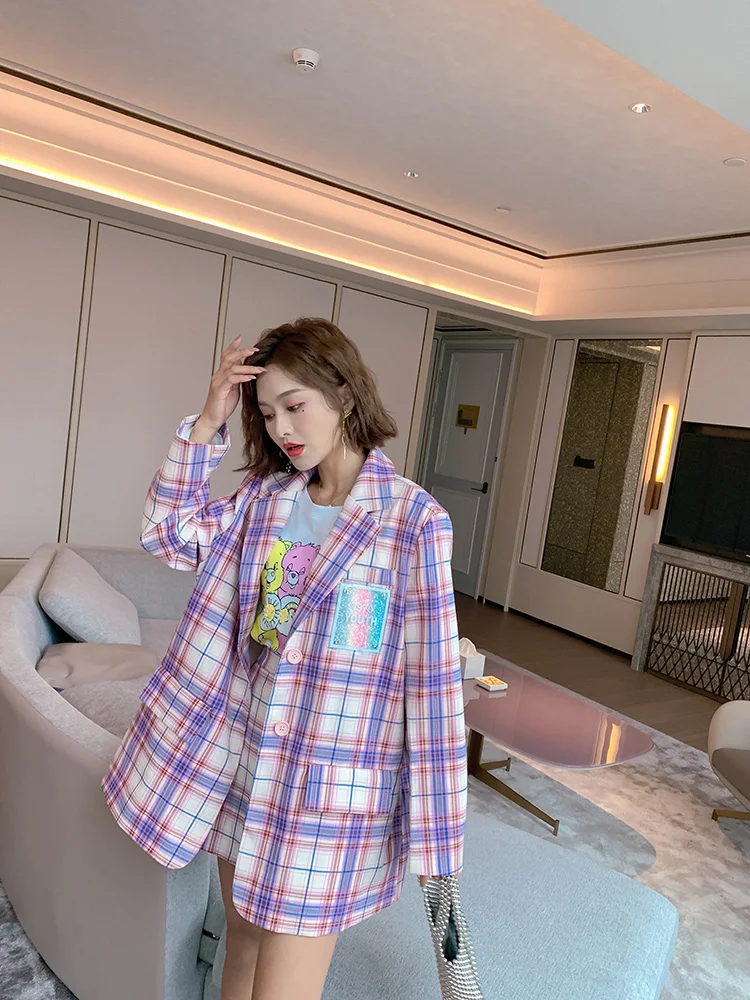 Женский осенне-весенний Тонкий Блейзер в клетку с длинным рукавом | Женская