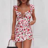 2020 summer floral print tied detail ruffles mini dress women sleeveless casual vacation beach short dresses beach dress sundres