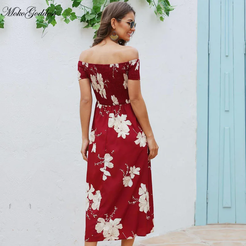 

Moko Goddess New Summer Puff Sleeve Slash Neck Asymmetrical Print Short Streetwear Natural Mid-calf Sashes Sundress Vestidos