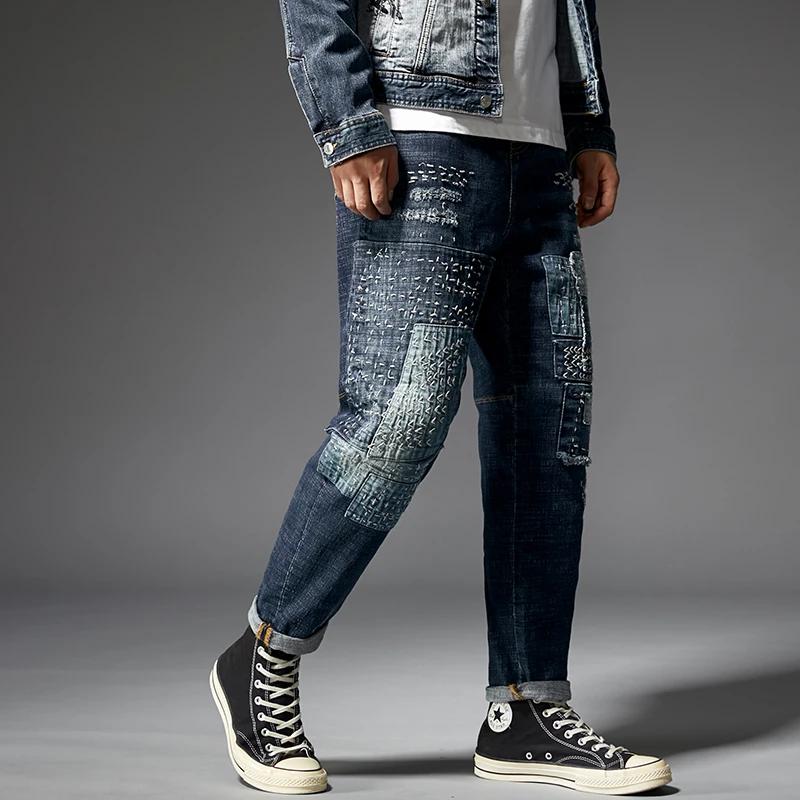 KSTUN свободные зауженные джинсы мужские с заплатками ручной вышивкой в стиле