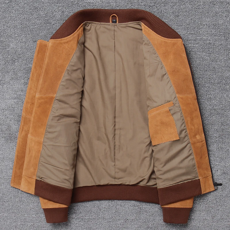 

New Factory 2021 Vintage Yellow Suede Cowhide leather Men flight jacket Genuine cowskin Slim Fit Jackets M-XXXXL