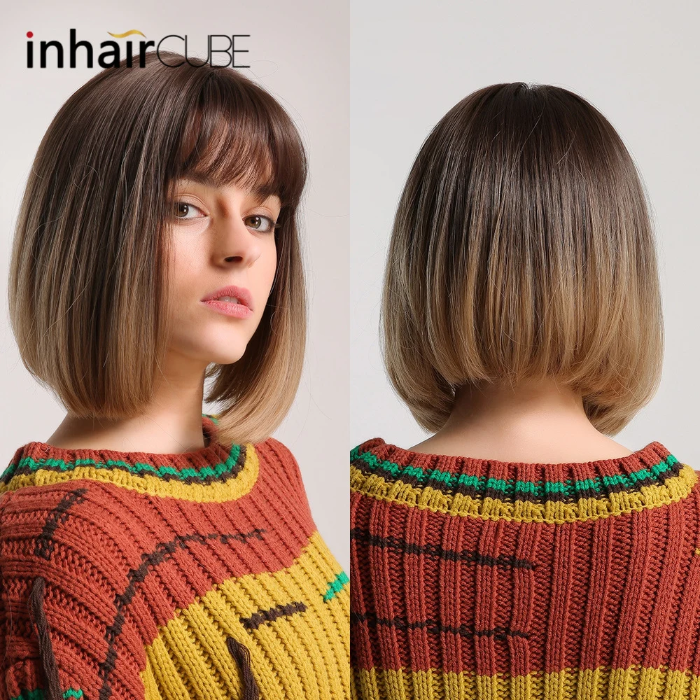 Inhair Cube 12 &quotБоб парики Выделите темно коричневый корень центр пробор волнистые