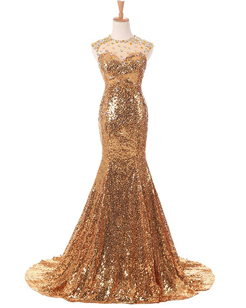 Блестящее Золотое блестящее женское длинное платье с юбкой-годе и круглым