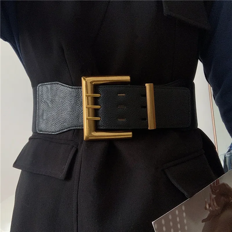 

Women Vintage Pin Buckle Belts Super Wide Cummerbunds Female Dress Corsets Waistband Wedding Decorate Black Elastic Waist Seal